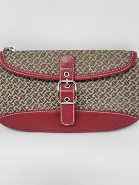 Talbots Brown Beige Monogram Wristlet Clutch Red Leather Trim Zip Bag